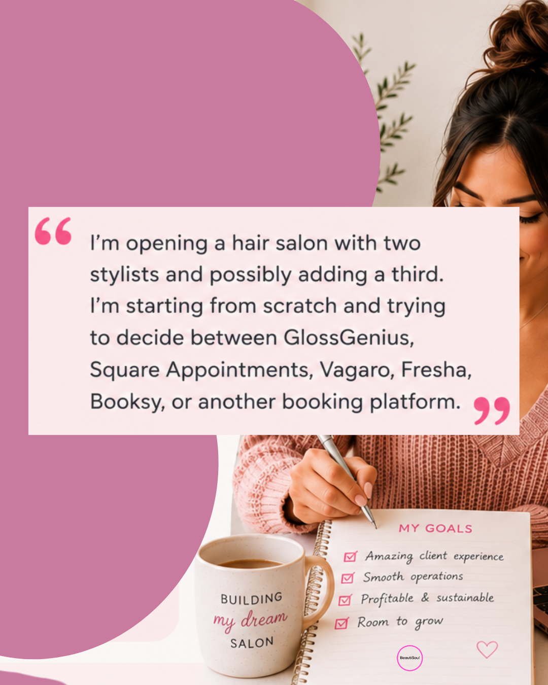 Salon owner researching and comparing booking software platforms while planning the launch of a new hair salon.
